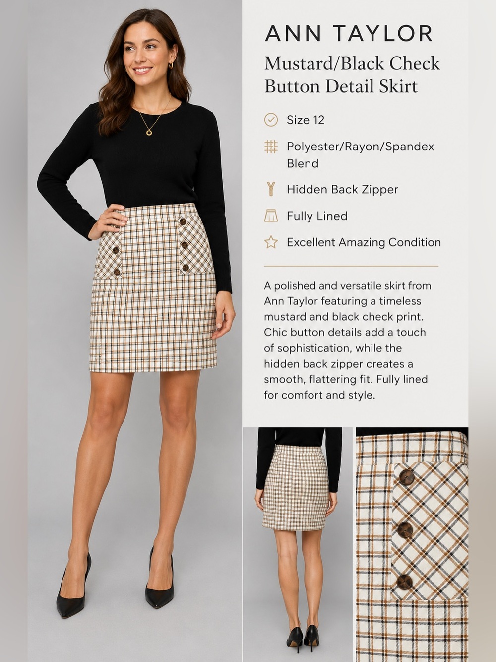 Ann Taylor Plaid Button Detail Pencil Skirt Mustard Black Size 12
